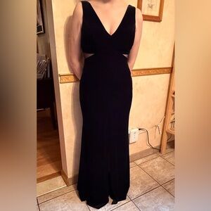 Aqua Black Velvet Side Mesh Inserts Gown